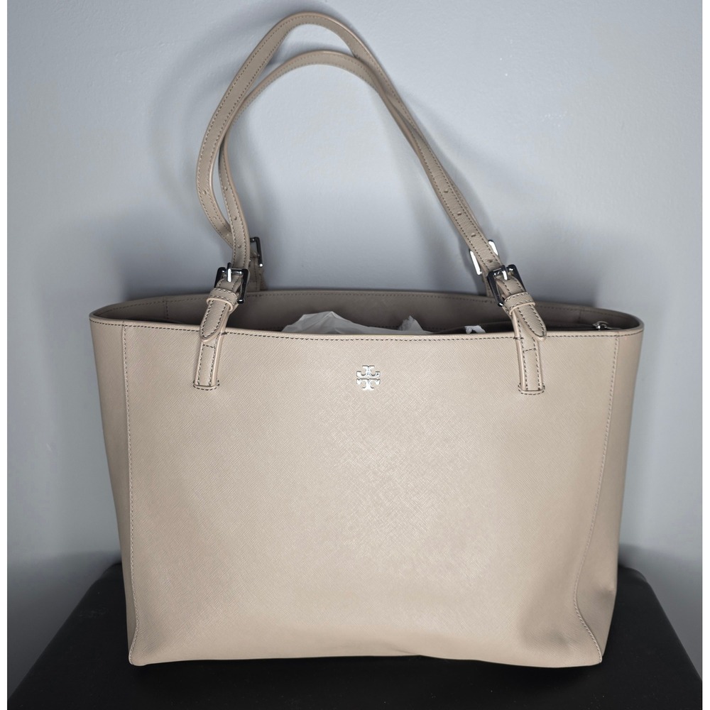 Tory Burch Emerson Saffiano Leather Tote Bag Beige Shoulder Bag Silver Hardware